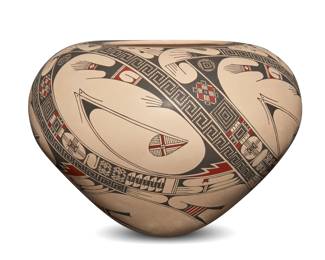 247
Ismael Flores Ledezma (b. 1966)
A Mata Ortiz polychrome pottery seed jar, late 20th/early 21st century; Chihuahua, Mexico
Incised to underside: Ismael Flores
The three-color jar with red and black fine-line and geometric motifs on a white slip ground
9" H x 12.25" Dia.
Estimate: $400 - $600