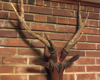 Wooden deer “trophy” with real antlers (30”H, 26”W, 6”D)