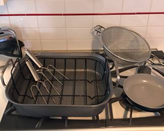 Vintage Toastmaster chrome toaster, roasting pan with rack, Caraway 8” skillet, big strainer