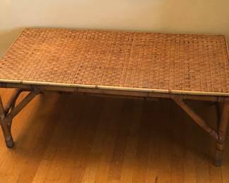 Vintage rattan coffee table (39”L, 18.5”D, 15”H)
