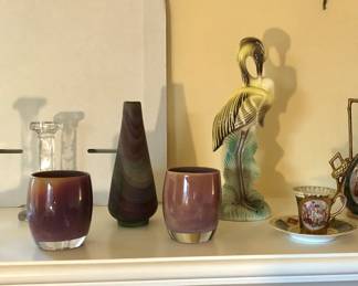 Nishino glassybabys, Sevres glass vase, Stewart McCulloch bird (neck repaired), Royal Vienna demitasse cup & saucer