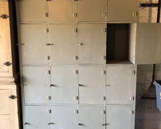 Wooden locker cabinet - all 16 doors open (overall 53”L, 15”D, 80”H - each cubby is 18”H, 12”W, 13.5”D)