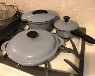 Pale blue Le Creuset: Futura No. 23 round Dutch oven, No. 16 sauce pan, No. 26 braiser