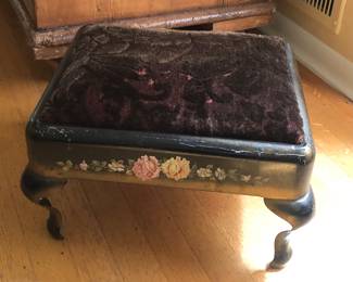 Adorable vintage metal footstool with mohair fabric top & decal on the side (12” x 14” x 9” high)