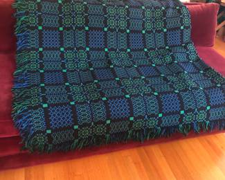Amazing green & blue woven wool bedspread - quite heavy! (approx. 92” x 96”)
