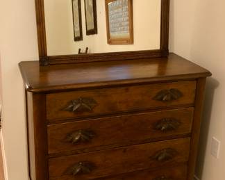 Antique dresser with carved drawer pulls (39”W, 17.5”D, 35”H) Mirror is separate - just resting on dresser