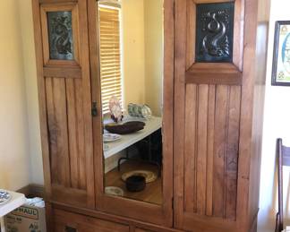 Antique armoire (87.5”H, 56.5”W, 21”D) with 16" deep custom wood shelves inside - could easily be converted back to hang clothes