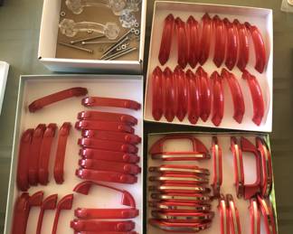 Vintage red plastic drawer handles + a few glass ones