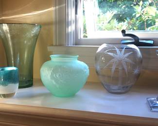 Mother Earth glassybaby, assorted vases including Tiffin green poppies, vase with palm tree & pair of etched candlesticks