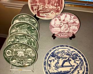 Vintage souvenir plates (Alaska, Oregon, Chicago, Cape Cod & ski jumper by Vernon Kilns for Frederick & Nelson)