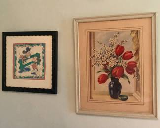 Framed vintage Mickey & Minnie Mouse hanky, vintage tulips print
