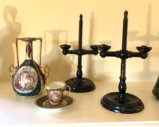 Royal Vienna vase (has major repairs), Colonial style threaded wood candleholders (adjustable)