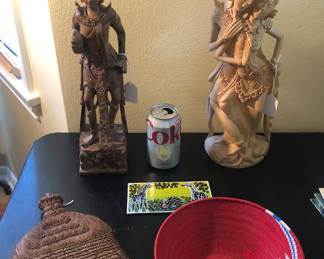 Bali wood carvings, Chinese woven broom, African telephone wire bowl