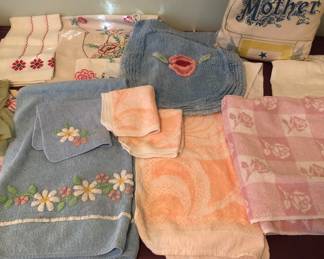 Vintage towels, chenille toilet seat cover, "Mother" pillow
