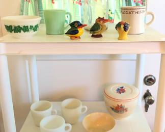 Anchor Hocking ivy bowl, Fire King jade-ite mug, Western theme mug, single figural shakers, Pyrex & Corning milk glass cups
