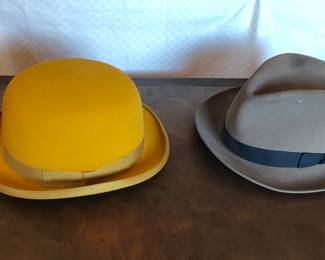 Hats: Mustard color Beaver Brand derby from Bernie Utz (size 7 1/8), Cavanaugh fedora (7 3/8)