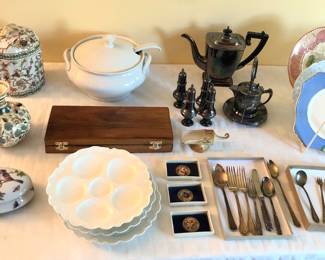 Wong Lee ceramic box with birds, tureen, Haviland oyster plates, silverplate teapots, salt & peppers & misc. flatware
