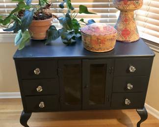 Black metal cabinet with glass doors at center - old medical cabinet (36”L, 18”D, 30”H)