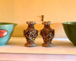 Newer Fire King Jade-ite batter bowl (rim chip), vintage shell covered dragon vases, green Bauer #9 ringware mixing bowl