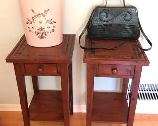 Pair of nightstands (14” square, 28” tall), vintage waste basket, green purse by Jennifer Graham