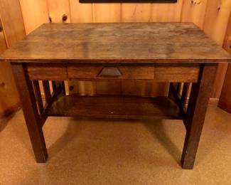 Old Mission-style oak desk (45”L, 30”D, 31”H) - top AS IS