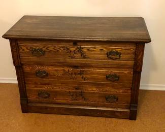 3-drawer dresser with chip carved flower details (42”L, 30”H, 19”D)