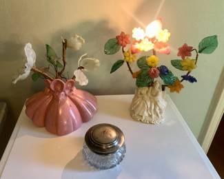 Vintage nightlight lamps with glass flowers (Richard Singer?), vanity jar with silverplate lid