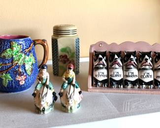 Vintage English pitcher, salt & pepper shakers, amazing vintage spice set of dogs (Boston Terriers) WOOF!
