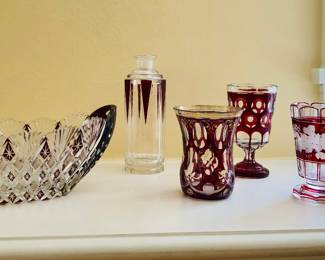 Bohemian cut crystal bowl, bottle & glasses