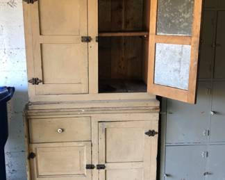 Shabby chic painted wood cabinet - it’s actually 2 pieces. 37”W, 18”D, 72” overall (bottom piece is 35”H, top piece is 37”H)