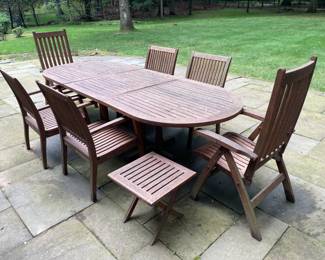 Outdoor Teak Table Set W/ Leaf & 6 Chairs