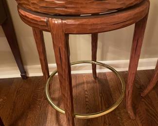 Beautiful Carved Wooden Bar Stools W/ Leather Seats & Brass Chair Rail
