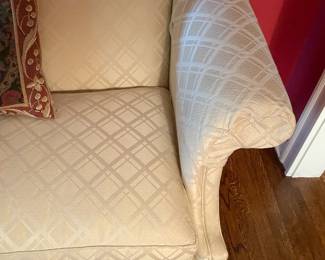 White Upholstered Bench W/ Arms & Wooden Legs