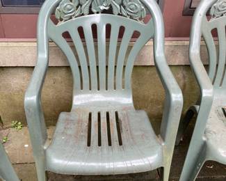 Outdoor Green Plastic Stacking Yard Chairs W/ Roses