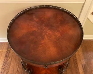 Stunning Theodore Alexander Round Wooden Accent Table W/ Bottom Shelf & Metal Trim