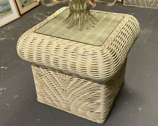 Wicker End Table W/ Glass Top