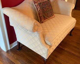 White Upholstered Bench W/ Arms & Wooden Legs