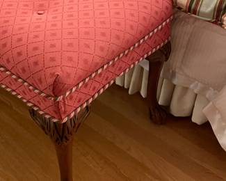 Pink/Red Upholstered Bench W/ Wooden Legs & Rope Trim