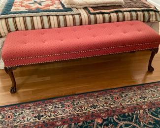 Pink/Red Upholstered Bench W/ Wooden Legs & Rope Trim