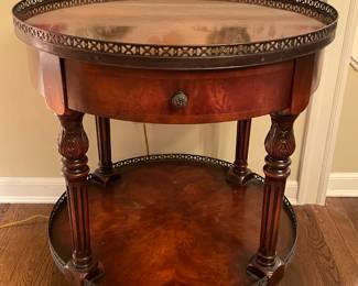Stunning Theodore Alexander Round Wooden Accent Table W/ Bottom Shelf & Metal Trim