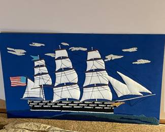 Vintage Mid-Century Modern Fabric Ship Artwork