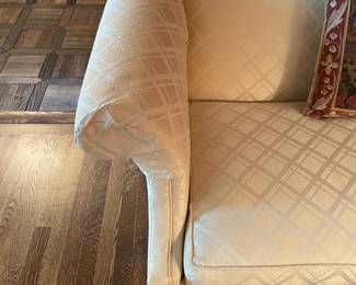 White Upholstered Bench W/ Arms & Wooden Legs