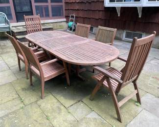 Outdoor Teak Table Set W/ Leaf & 6 Chairs