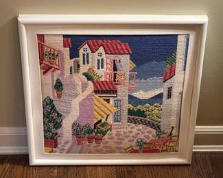 Handmade European Street Scene Needlepoint Artwork