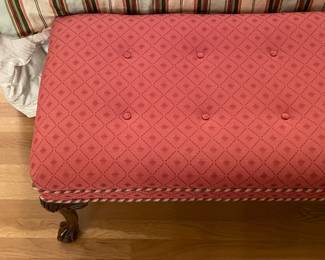 Pink/Red Upholstered Bench W/ Wooden Legs & Rope Trim