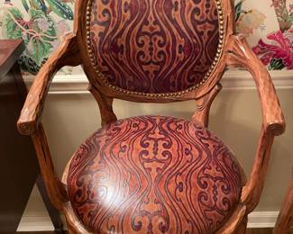 Beautiful Carved Wooden Bar Stools W/ Leather Seats & Brass Chair Rail