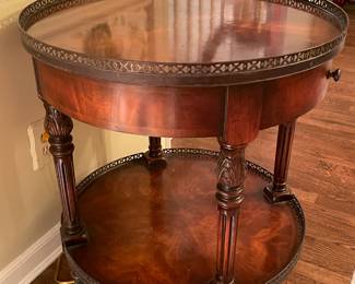 Stunning Theodore Alexander Round Wooden Accent Table W/ Bottom Shelf & Metal Trim