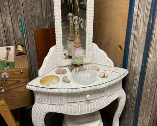 Wicker Vanity W/ Glass Top & Stool
