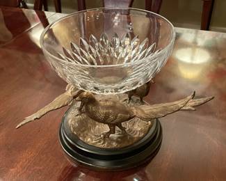 Stunning Bronze Pheasant Centerpiece W/ Crystal Bowl