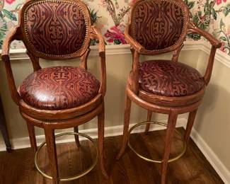 Beautiful Carved Wooden Bar Stools W/ Leather Seats & Brass Chair Rail